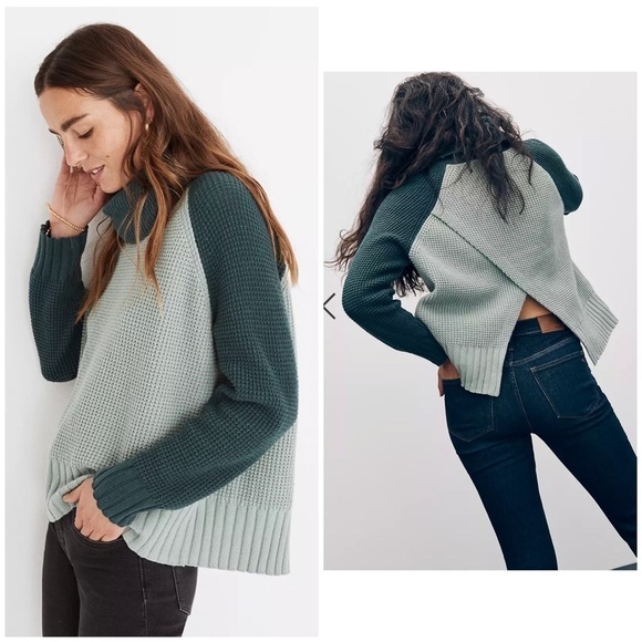 Madewell Womens sweater Colorblock Eastbrook Turtleneck cross back Green Sz XXS - Picture 1 of 9